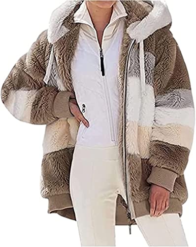 Nsercvb Fleecejacke Damen, Winterjacke Teddy Fleece Mantel Warm Gefüttert Winter Kapuzenpullover Flauschig Plüschjacke Sweatshirt mit Kapuze und Taschen Reißverschluss Oversize, A3-brown, 3XL von Nsercvb