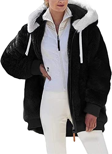 Nsercvb Fleecejacke Damen, Winterjacke Teddy Fleece Mantel Warm Gefüttert Winter Kapuzenpullover Flauschig Plüschjacke Sweatshirt mit Kapuze und Taschen Reißverschluss Oversize, B1-black, 3XL von Nsercvb