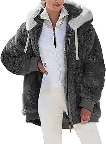 Nsercvb Fleecejacke Damen,Winterjacke Damen Teddy Fleece Mantel Warm Gefüttert Winter Kapuzenpullover Flauschig Plüschjacke Sweatshirt mit Kapuze und Taschen Reißverschluss Winterjacke Oversize, M von Nsercvb