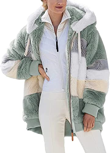 Nsercvb Fleecejacke Damen, Winterjacke Teddy Mantel Warm Winter Kapuzenpullover Flauschig Sweatshirt mit Kapuze und Taschen Oversize, XL, A8-green von Nsercvb