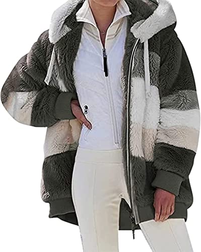 Nsercvb Fleecejacke Damen,Winterjacke Damen Teddy Fleece Mantel Warm Gefüttert Winter Kapuzenpullover Flauschig Plüschjacke Sweatshirt mit Kapuze und Taschen Reißverschluss Winterjacke Oversize, XXL von Nsercvb