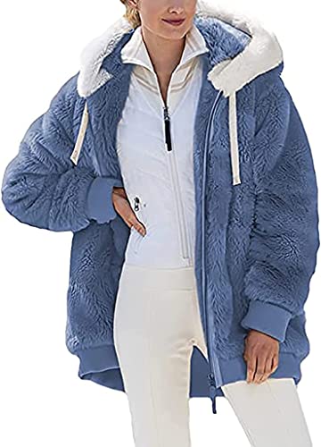 Nsercvb Fleecejacke Damen,Winterjacke Teddy Fleece Mantel Warm Gefüttert Winter Kapuzenpullover Flauschig Plüschjacke Sweatshirt Kapuze Taschen Reißverschluss Oversize,mantel damen beige,B2-blue,XL von Nsercvb