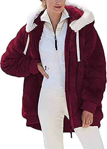 Nsercvb Fleecejacke Damen,Winterjacke Teddy Fleece Mantel Warm Gefüttert Winter Kapuzenpullover Flauschig Plüschjacke Sweatshirt Kapuze Taschen Reißverschluss Oversize,mantel damen lang,B4-red von Nsercvb