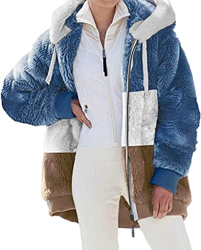 Nsercvb Fleecejacke Damen, Winterjacke Teddy Fleece Mantel Warm Gefüttert Winter Kapuzenpullover Flauschig Plüschjacke Sweatshirt mit Kapuze und Taschen Reißverschluss Oversize, C1-khaki, XXL von Nsercvb