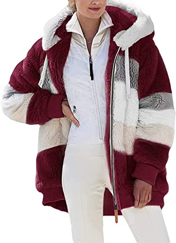 Nsercvb Fleecejacke Damen, Winterjacke Teddy Mantel Warm Winter Kapuzenpullover Flauschig Sweatshirt mit Kapuze und Taschen Oversize, L, A7-red von Nsercvb