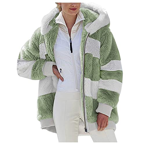 Nsercvb Fleecejacke Damen, Winterjacke Teddy Mantel Warm Winter Kapuzenpullover Flauschig Sweatshirt mit Kapuze und Taschen Oversize, XL, D3-green von Nsercvb