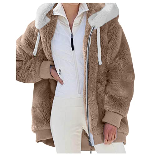 Nsercvb Fleecejacke Damen,Winterjacke Teddy Fleece Mantel Warm Gefüttert Winter Kapuzenpullover Flauschig Plüschjacke Sweatshirt mit Kapuze, Taschen Reißverschluss Winterjacke Oversize, F1-Khaki von Nsercvb