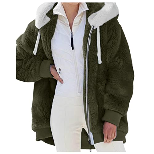 Nsercvb Fleecejacke Damen,Winterjacke Teddy Fleece Mantel Warm Gefüttert Winter Kapuzenpullover Flauschig Plüschjacke Sweatshirt mit Kapuze, Taschen Reißverschluss jacke Oversize, F1-Armeegrün, XXL von Nsercvb