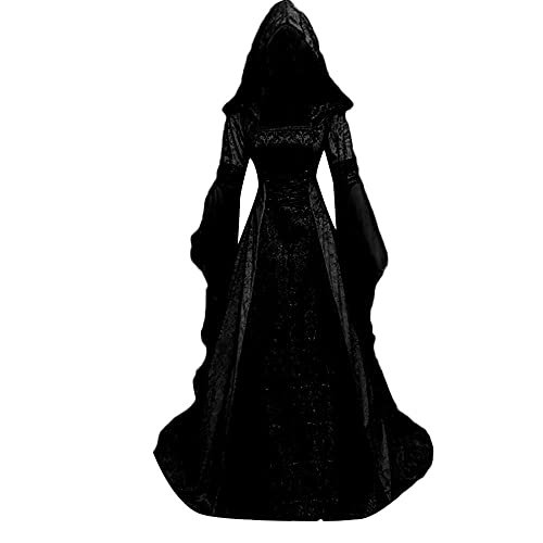 Nsercvb Halloween Kostüm Damen, Gothic Kleidung Übergröße Schnürkleid mit Kapuze Vintage Mittelalter Kleid Trompetenärmel Maxikleider Renaissance Party Cosplay Karneval, Schwarz, XXL von Nsercvb