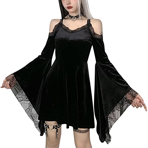 Nsercvb Halloween Kostüm Damen,Damen Schwarz Spitzenkleid Gothic Langarm Minikleid Halloween Kostüm Vintage Mittelalter Goth Kleid Sexy Cosplay Partykleid Kurz Abendkleid Cocktailkleid Karneval von Nsercvb