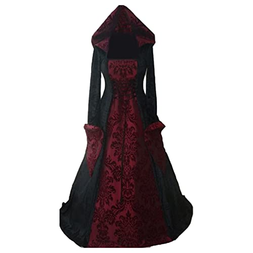 Nsercvb Halloween Kostüm Damen,Gothic Kleidung Übergröße Schnürkleid mit Kapuze Mittelalter Kleid Trompetenärmel Maxikleider Renaissance Party Festlich Cosplay Karneval Halloween Kostüm, X01-rot, XL von Nsercvb