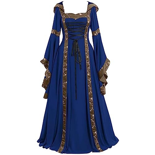 Nsercvb Halloween Kostüm Damen,Gothic Kleidung Übergröße Schnürkleid mit Kapuze Mittelalter Kleid Trompetenärmel Maxikleider Renaissance Party Festlich Cosplay Karneval Halloween Kostüm, X03-blau von Nsercvb