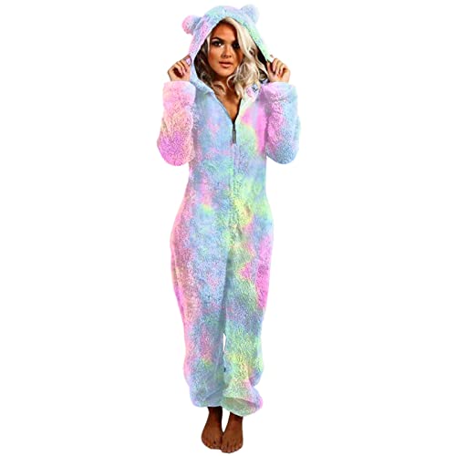 Nsercvb Jumpsuit Damen,Damen Winter Flauschig Jumpsuit Teddy Fleece Einteiler Overall Schlafanzug Tie-Dye Warme Kuschelig Onesie Lang Schlafoverall Hoodie Hausanzug mit Reißverschluss Kapuze von Nsercvb