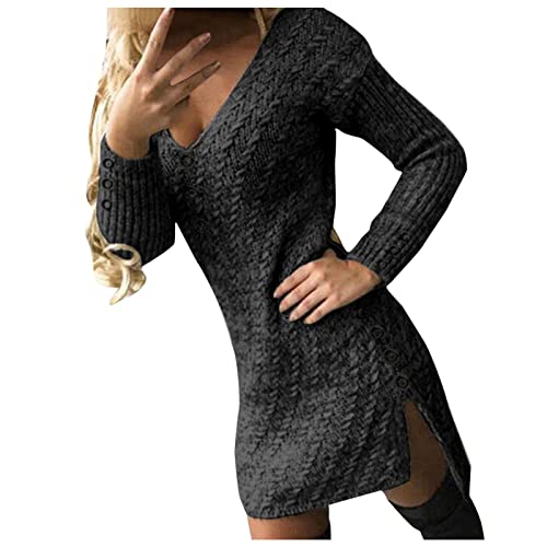 Nsercvb Strickkleid Damen,Pulloverkleid Damen Strickkleid Sexy V-Ausschnitt Seitenschlitz Elegant Herbst Winter Kurz Minikleid Strickkleider Langarm Oberteile Pulli Strick Midi Kleid Winterkleid von Nsercvb