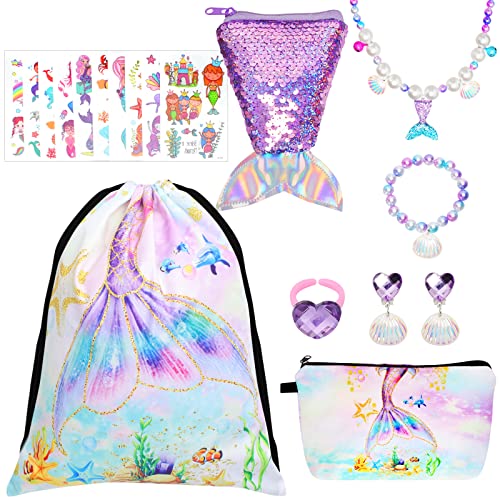 Meerjungfrau Tasche Meerjungfrau Kinder Schmuckset Mädchen Turnbeutel Kinder Handtasche Schmuckset für Mädchen Meerjungfrau Krone Halskette Armband Ring für Geburtstagsgeschenke Meerjungfrau Party von Nswayy