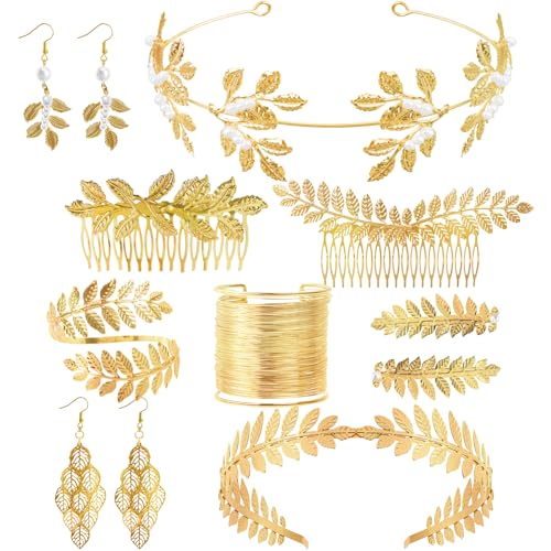 Nswayy 10 Stück Griechische Göttin Kostüm Schmuck Set Hochzeit Brautschmuck Oberarmreif Ohrringe Lorbeerkranz Haarspange Armband Goldene Hochzeit Boho Blatt Haar Krone Accessories Mädchen Damen von Nswayy