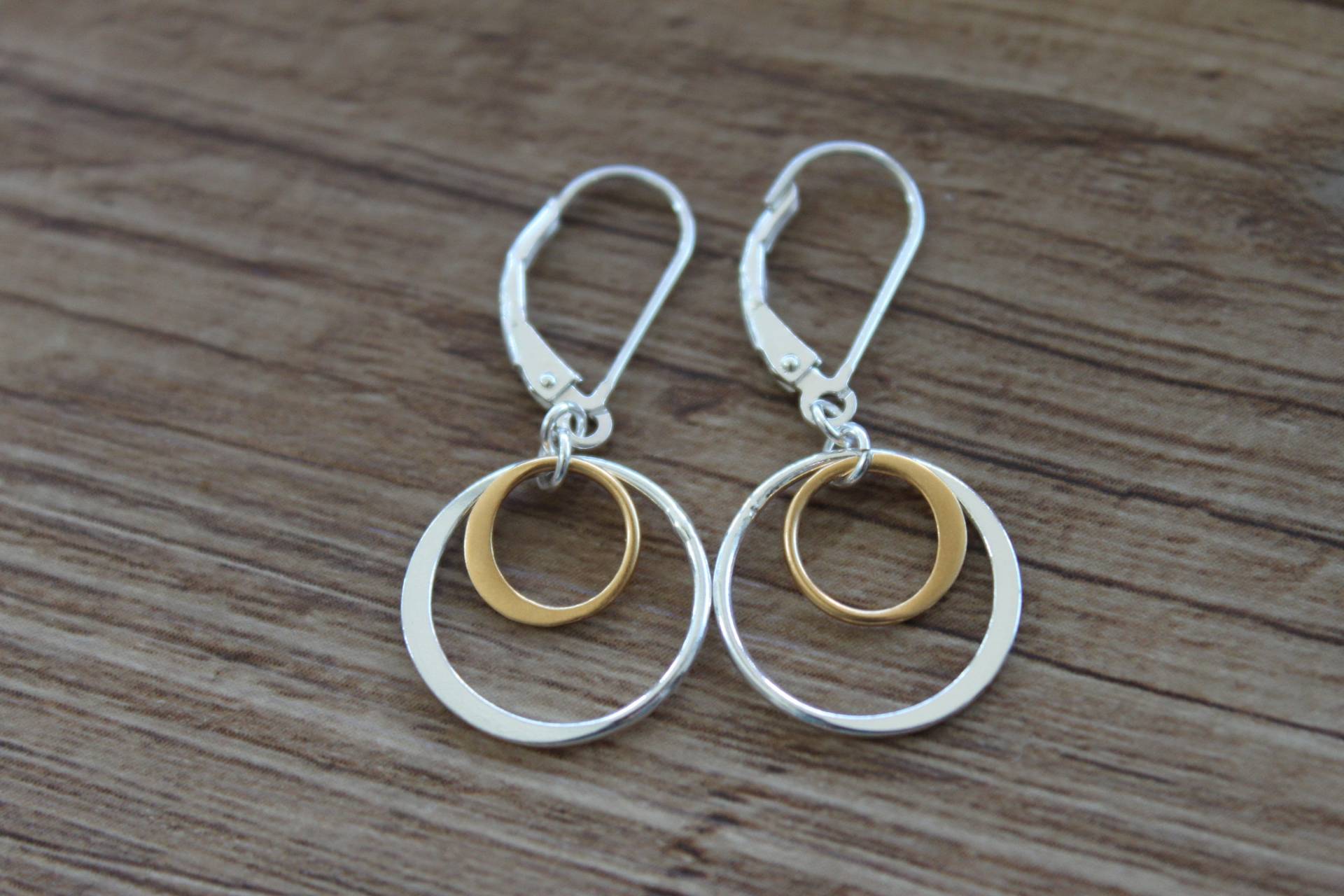 24 K Gold Vermeil Sterling Silber Creolen Kleine Doppel Kreis Ohrringe Baumelnde Gemischte Metall Brisur von NtikArtJewelry