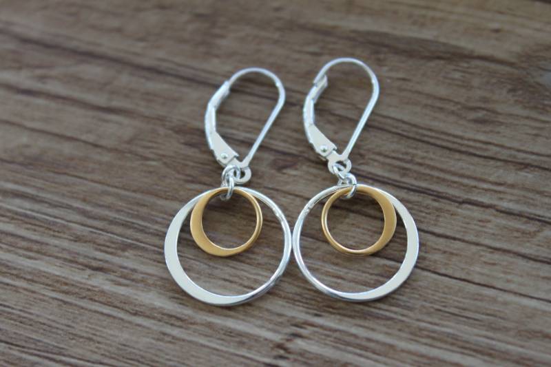 24 K Gold Vermeil Sterling Silber Creolen Kleine Doppel Kreis Ohrringe Baumelnde Gemischte Metall Brisur von NtikArtJewelry