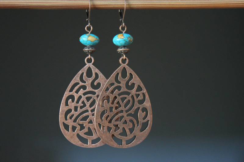 Blaue Kupferohrringe Lange Große Boho Ohrringe Baumeln Tropfen Statement von NtikArtJewelry