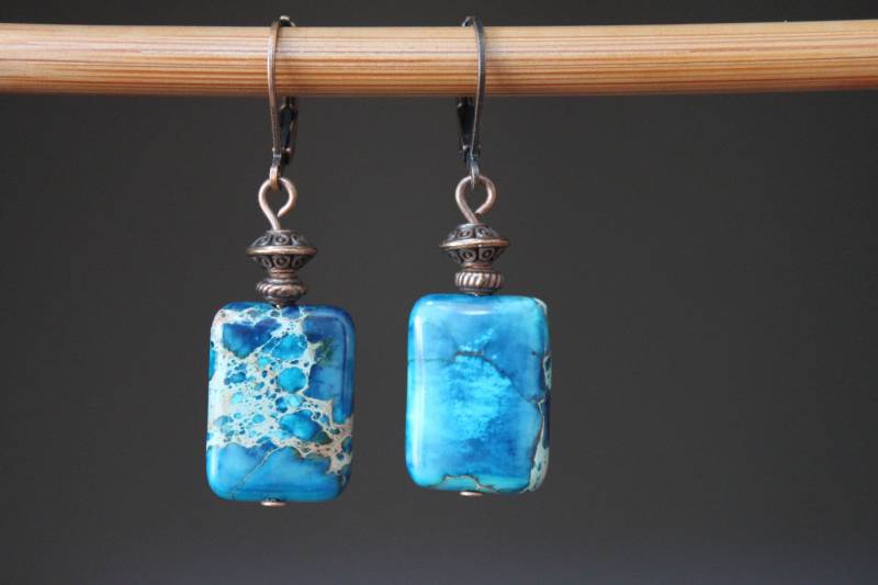 Blaue Ohrringe, Baumeln Tropfen Jaspis Seesediment Blau Schmuck von NtikArtJewelry
