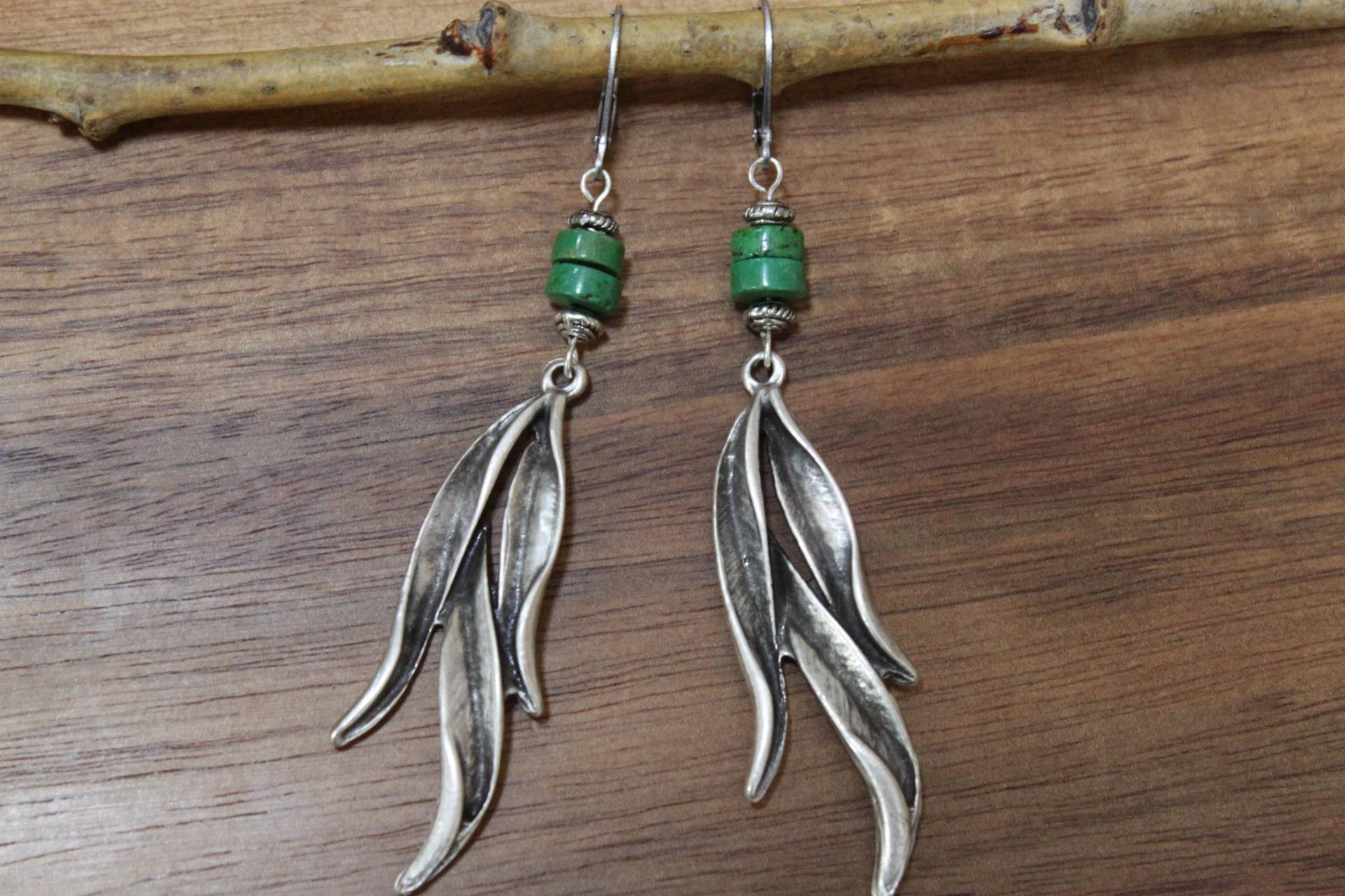Grüne Blatt Ohrringe, Lange Boho Silber Schmuck von NtikArtJewelry