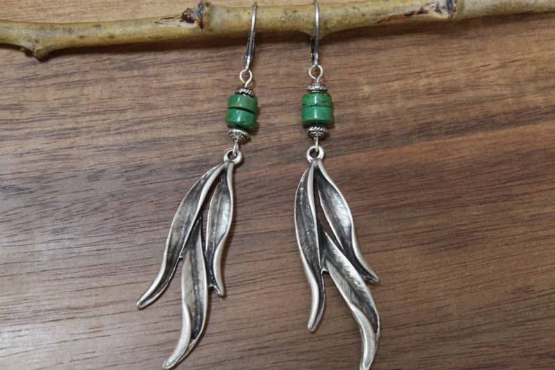 Grüne Blatt Ohrringe, Lange Boho Silber Schmuck von NtikArtJewelry