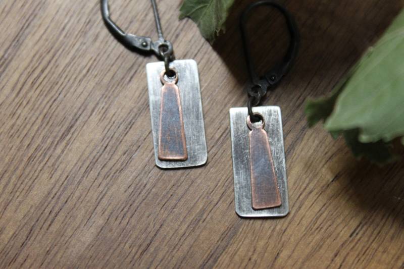 Handgefertigte Ohrringe Aus Sterlingsilber Und Kupfer, Kleine Baumelnde Ohrringe, Gemischte Metallohrringe, Oxidierte Einzigartiges Geschenk Für Sie von NtikArtJewelry