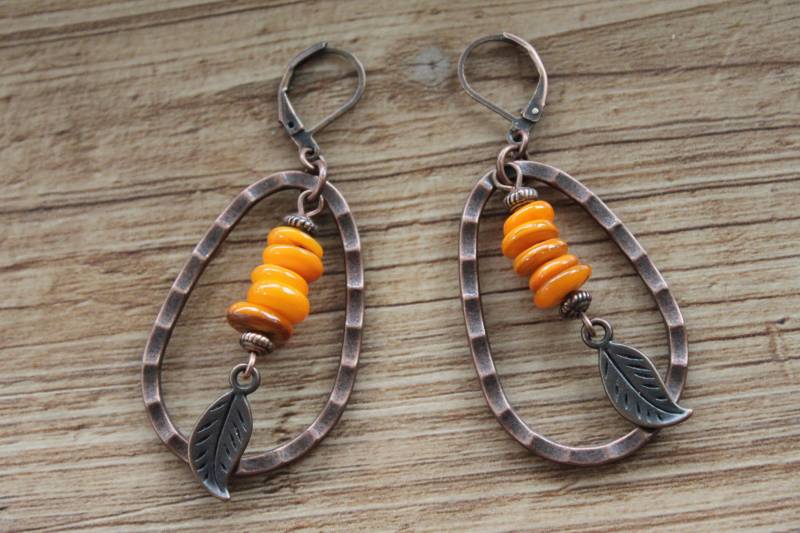 Orange Kupfer Boho Ohrringe, Baumeln Teardrop Creolen, Schmuck, Geschenk Für Frauen von NtikArtJewelry