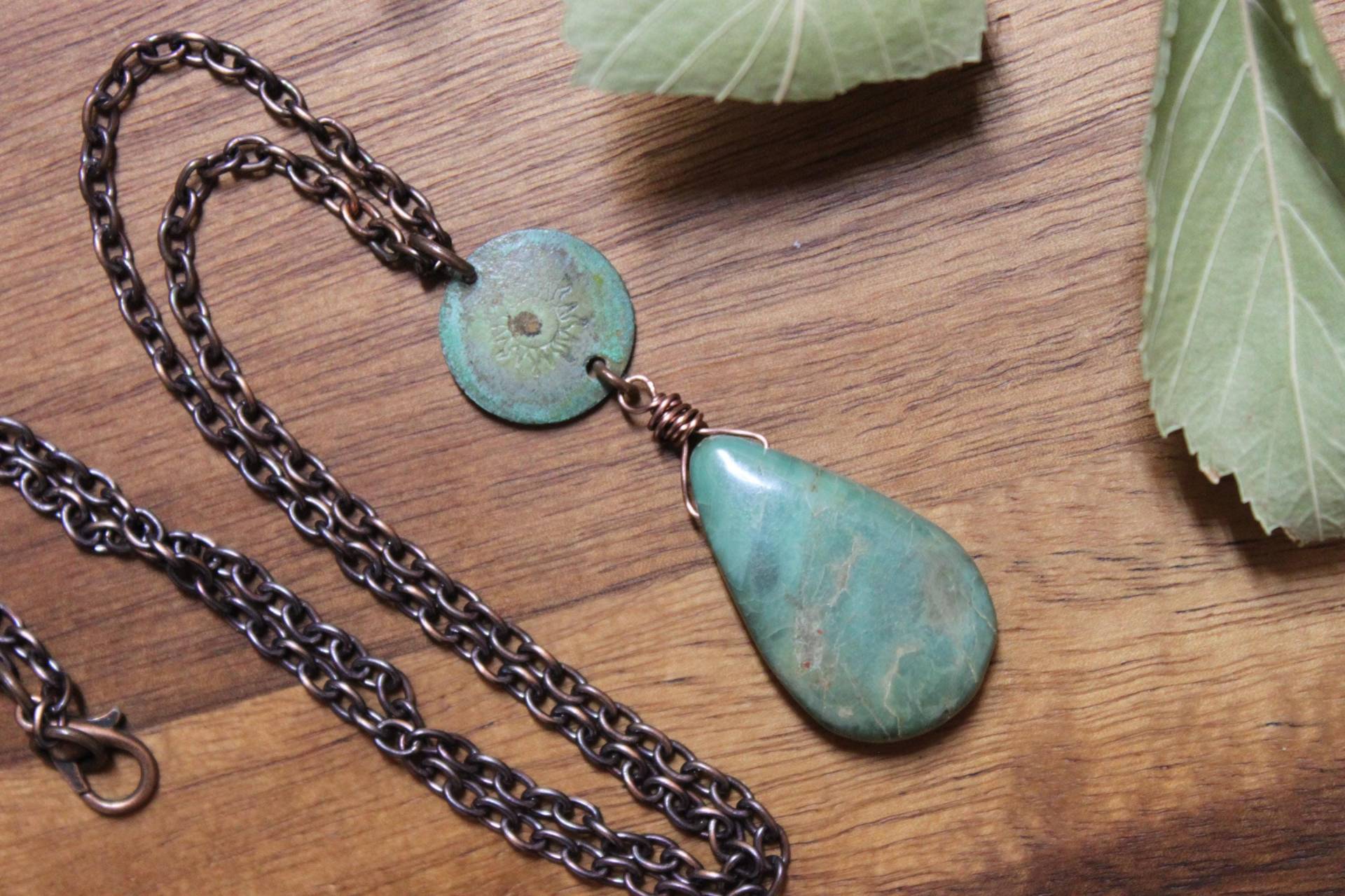 Patina Kupfer Sun Anhänger Halskette Boho Türkis Schmuck von NtikArtJewelry