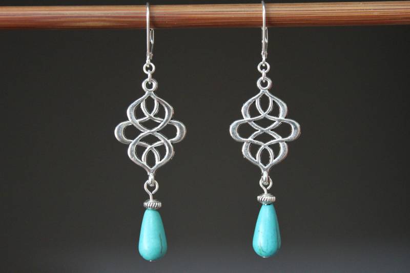 Silber Türkis Boho Ohrringe, Lange Schmuck, Sterling Klappbrisur von NtikArtJewelry
