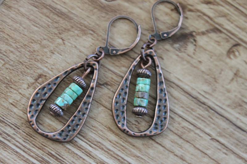Türkis Boho Ohrringe, Kupfer Schmuck, Tropfen Rustikale Geschenk Für Sie, Frauen von NtikArtJewelry