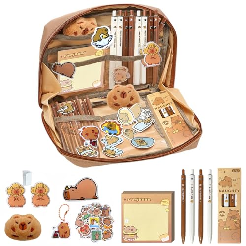 Capybara Federmäppchen, 20 Stück Capybara Schreibwaren Set, Capybara Mäppchen mit 12 Fächern, Mit Stiften, Clips, Aufklebern, Schlüsselanhänger, Für Büro, Schule, Kinder, Schüler, Schreibwarenbedarf von Ntwdby