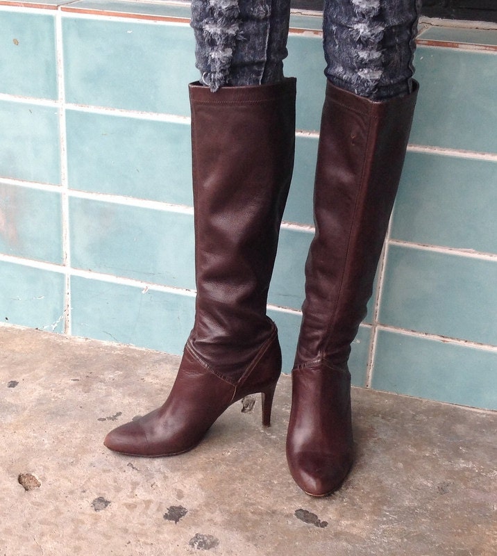 Sz 9C Cole Haan Vintage Braune Leder Hohe Absatz Stiefel Bhh1 von NuLookVintage