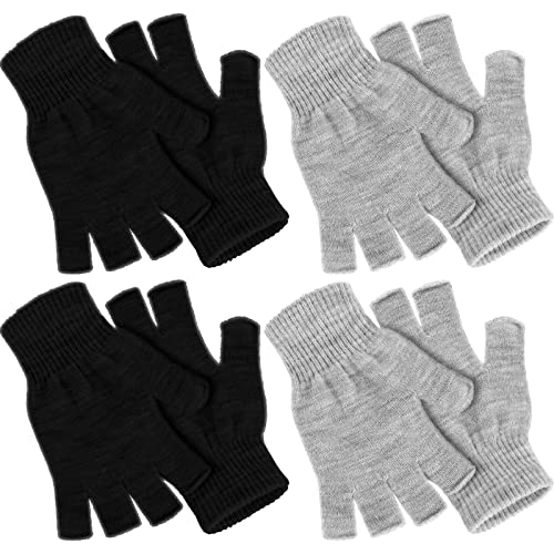 Nuanchu 4 Paar Winter Halbfinger Handschuhe Strick Fingerlose Fäustlinge für Herren Damen (Schwarz, Hellgrau) von Nuanchu