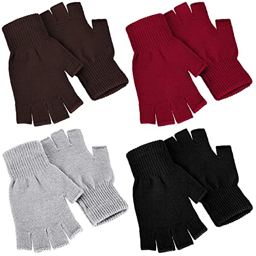 Nuanchu 4 Paar Winter Halbfinger Handschuhe Strick Fingerlose Fäustlinge für Herren Damen (Schwarz, Rot, Braun, Hellgrau) von Nuanchu