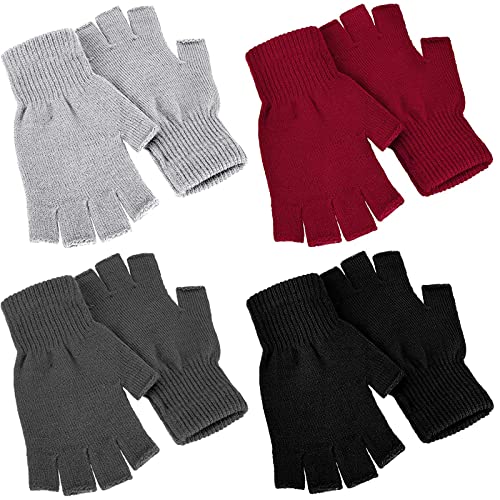 Nuanchu 4 Paar Winter Halbfinger Handschuhe Strick Fingerlose Fäustlinge für Herren Damen (Schwarz, Rot, Dunkelgrau, Hellgrau) von Nuanchu