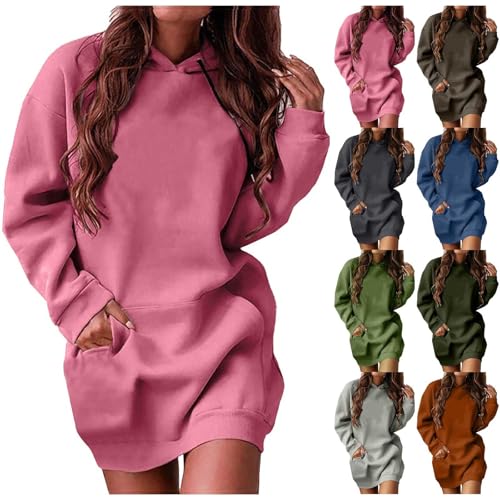 Geschenke für Frauen Kleid 2024 Herbst Solide Farbe Langarm Minikleider Mit Tasche Kapuzenjacke Damen Comfy Soft Classic Black Friday Angebote 2024 wann Rabatte bei Amazon Heute von Nuaoxyeu