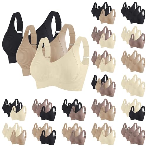 Nuaoxyeu Damenmode Sale 3Pcs Sport BH Damen Push Up BHS Nahtloser Starker Halt Bralettes Ohne BüGel Gerippt GroßE BrüSte Top Casual Soft Ajustable Riemen Volle Tasse UnterwäSche von Nuaoxyeu