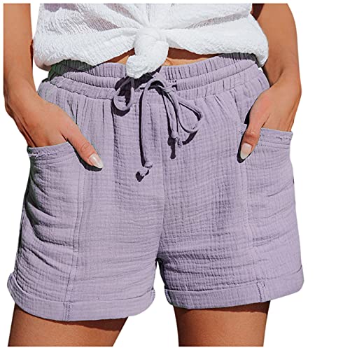 Nuaoxyeu Hose kurz Damen Shorts Damen Sommer Musselin Leinen Kurze Hose Baggy Beach Shorts Mit Taschen Elastische Taille Stretchy Gerades Bein Bermuda Kurze Sport von Nuaoxyeu