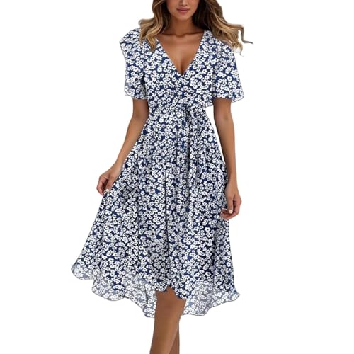 Nuaoxyeu Italienische Sommerkleider Knielang Chiffon Strandkleid Damen 2025 Boho Lange Kleid Mit Gürtel Elegant V-Ausschnitt Sommerkleid Sommer Maxi Dress Blumenkleid Abendkleid Outlet Angebote von Nuaoxyeu