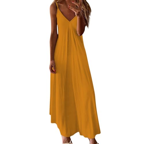 Nuaoxyeu Kleider Damen Sommer 3XL Sommerkleid Damen Lang Sommer ärmellos Strandkleid Elegant V Ausschnitt Maxikleid Elegant Luftige Spaghettiträger Freizeitkleid Angebote des Tages Heute von Nuaoxyeu