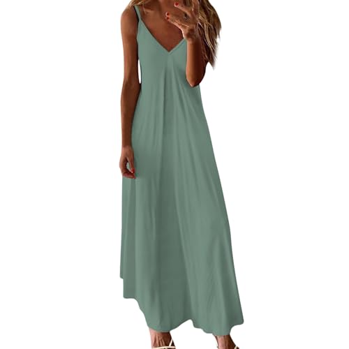 Nuaoxyeu Leichte Leinenkleider Sommerkleid Damen Lang Sommer ärmellos Strandkleid Elegant V Ausschnitt Maxikleid Elegant Luftige Spaghettiträger Freizeitkleid Blitzangebote von Nuaoxyeu