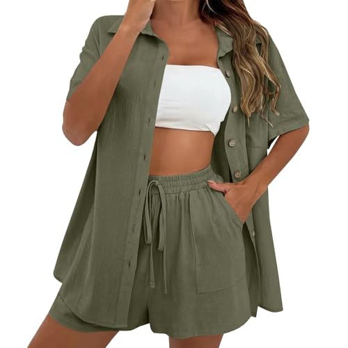 Nuaoxyeu Musselin Bluse Damen Elegant Leinen Sommer Zweiteiler Bluse Shorts Aesthetic Set Baumwolle Sportanzug Oversize Freizeitanzug 2 Teiler Kurzarm Hausanzug Warehouse Deal von Nuaoxyeu