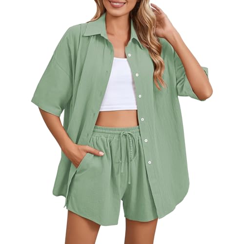 Nuaoxyeu Musselin Set Zweiteiler Damen Sommer Outfits Musselin Bluse Und Shorts Casual Oversize 2 Teiler Kurzarm Elegant Hosenanzug Kleidung Loungewear Lounge Meine Bestellungen Anzeigen von Nuaoxyeu