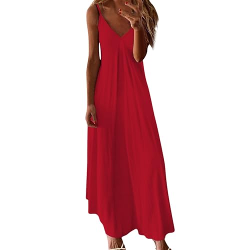 Nuaoxyeu Sexy Sommerkleid Damen Sommerkleid Damen Lang Sommer ärmellos Strandkleid Elegant V Ausschnitt Maxikleid Elegant Luftige Spaghettiträger Freizeitkleid Outlet Angebote von Nuaoxyeu