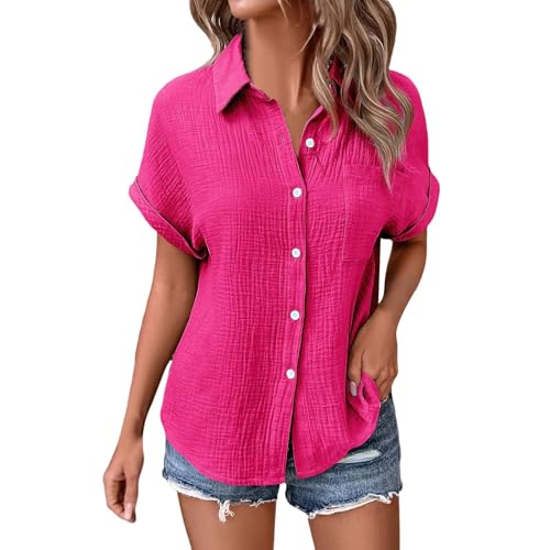 Nuaoxyeu Shirt In A-Linien Form Musselin Bluse Damen Leinen Kurzarm Sommerbluse Casual Button-Down T-Shirts Oversized Boho Kleidung Shirts Baggy Elegant Damenbluse Warehouse Deal von Nuaoxyeu