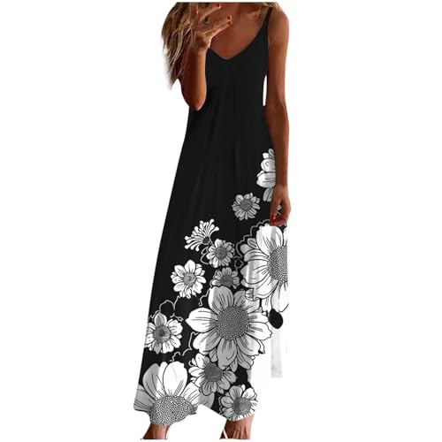 Nuaoxyeu Sommermode 2025 Damen Sommerkleid Damen Lang Sommer ärmellos Strandkleid Elegant V Ausschnitt Maxikleid Elegant Luftige Spaghettiträger Freizeitkleid Blitzangebote von Nuaoxyeu