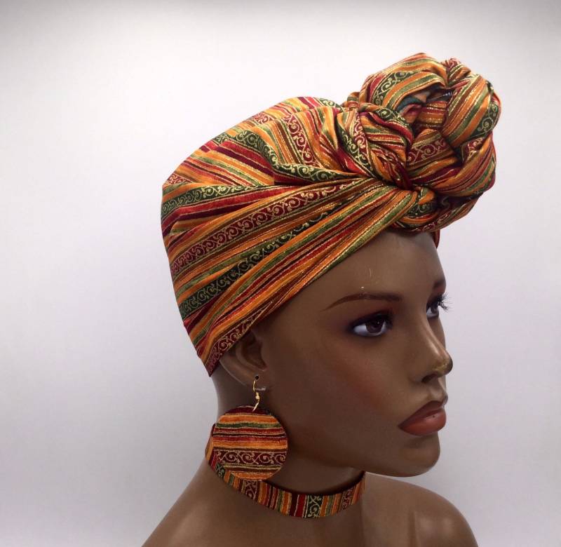 Gold & Orange African Print Head Wrap Vielseitige Turban Schal Gold & Orange African Print Head Wrap Vielseitige Turban Schal von NubianGrace