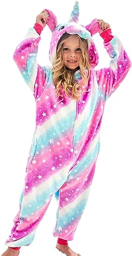 Kinder Einhorn Onesie Schlafstrampler Strampelanzug Mädchen Bequeme Pyjamas Jungen weichen Schlafanzug Geschenke Tier Jumpsuit Dress Up Kostüm Schlafoveralls für Mädchen (Rosa-Sterne, 110-120cm) von Nubincai