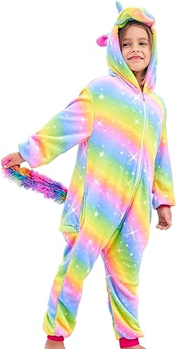 Kinder Einhorn Schlafstrampler Strampelanzug Mädchen Bequeme Pyjamas Jungen weichen Schlafanzug Geschenke Tier Kostüm Schlafoveralls (DE/NL/SE/PL, Numerisch, 110, 120, Regular, Regenbogen) von Nubincai